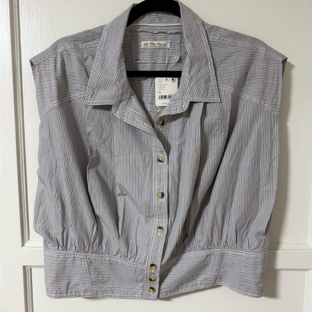 We The Free Blue Stripe Button-Front Women's Top Size XL (NWT)